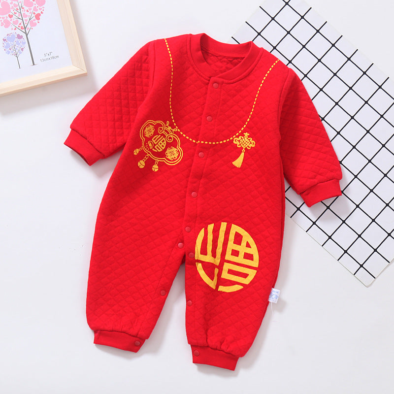 Z23121412新生兒連身寶寶哈衣初生爬服中國風拜年服秋冬季厚款夾棉嬰兒衣服(9-12天到貨)