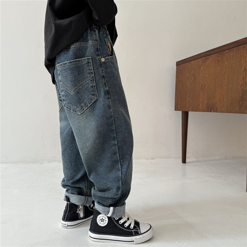GJ25082712春秋新款男童復古刺繡軟牛仔褲子韓版秋裝長褲寬鬆