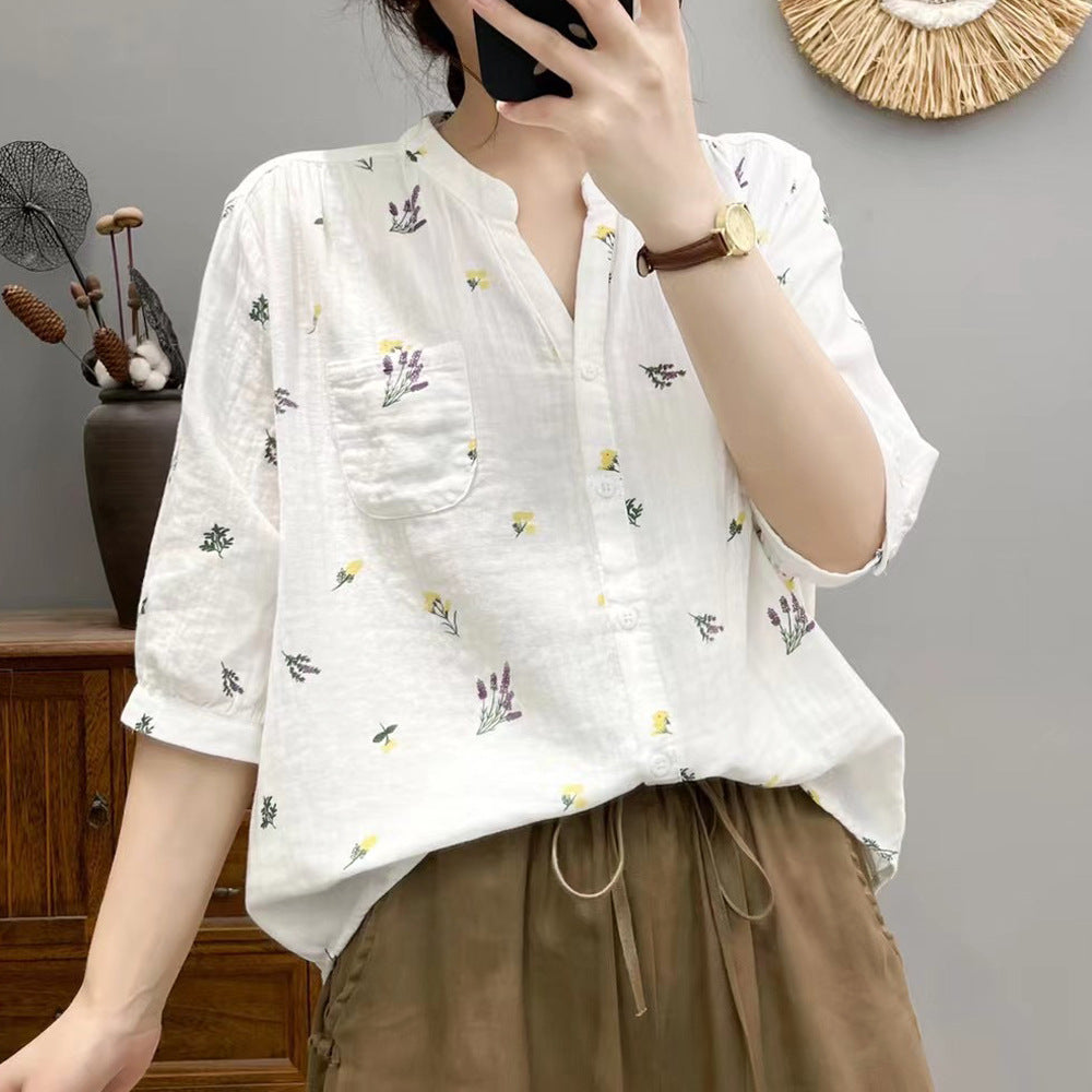 Z25040102夏季雙層棉紗碎花襯衫減齡大尺碼中袖襯衫時尚減齡休閒上衣女裝工廠(需購買3件廠商才出貨)