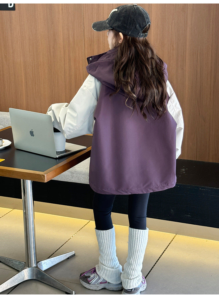 Z24110105女童衝鋒衣外套秋季2024新款兒童寬鬆撞色拼接戶外風童裝上衣百搭