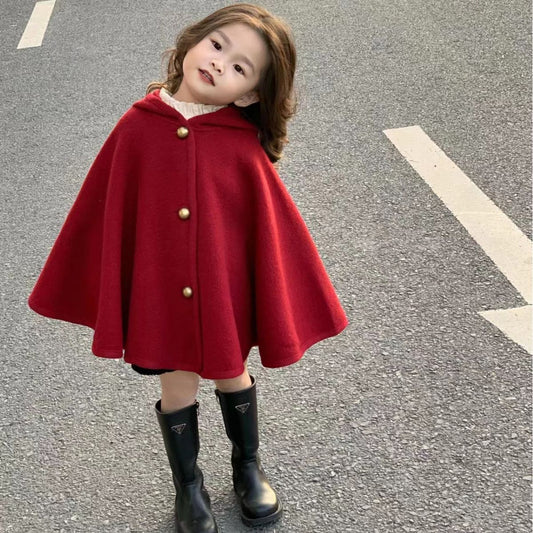 Z23112008秋冬女童裝外套披風寶寶洋氣兒童個性潮韓版時髦連帽紅色斗篷披肩