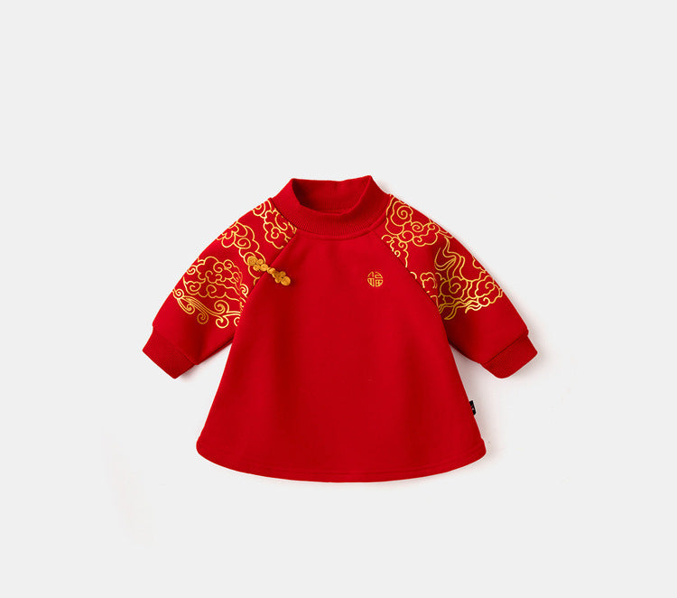 Z26010268寶寶衣服週歲寶寶冬季過年式衛衣女寶寶冬裙紅色拜年服