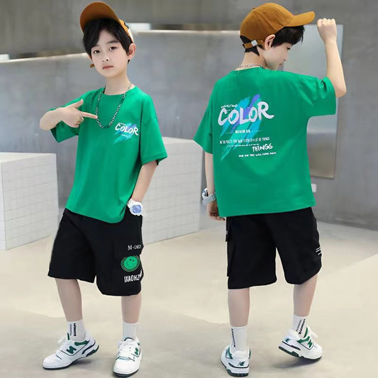 FG25053006男童夏季套裝2025年新兒童夏裝短袖中大童痞帥男孩韓式拼色衣潮