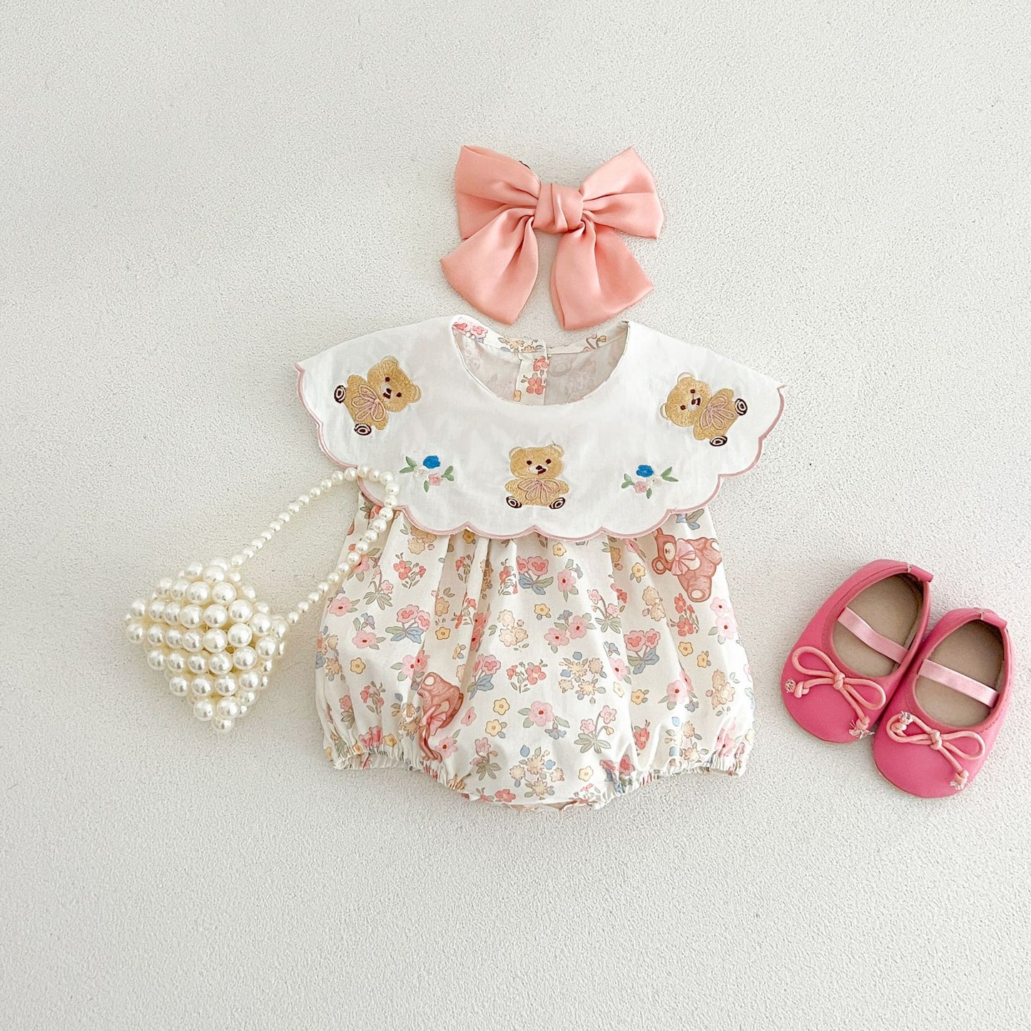 GF26043014 ins女童寶寶小熊印花幼童翻領連身衣嬰幼兒夏季輕便百搭短袖哈衣