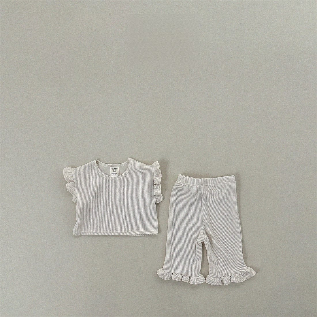 GF26043003 ins韓版女童純棉坑條飛袖上衣蕾絲喇叭褲家居戶外兩件套裝