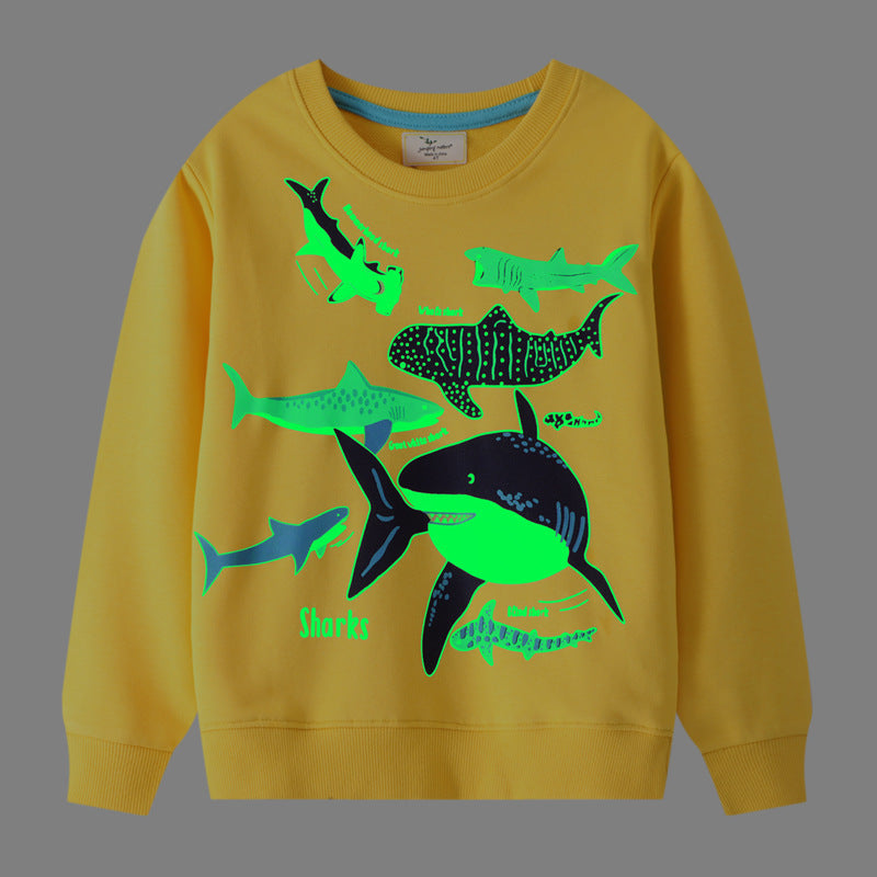 E23081025男童衛衣夜光鯊魚聚會圖案 歐美風格兒童圓領跨境秋裝男童上衣