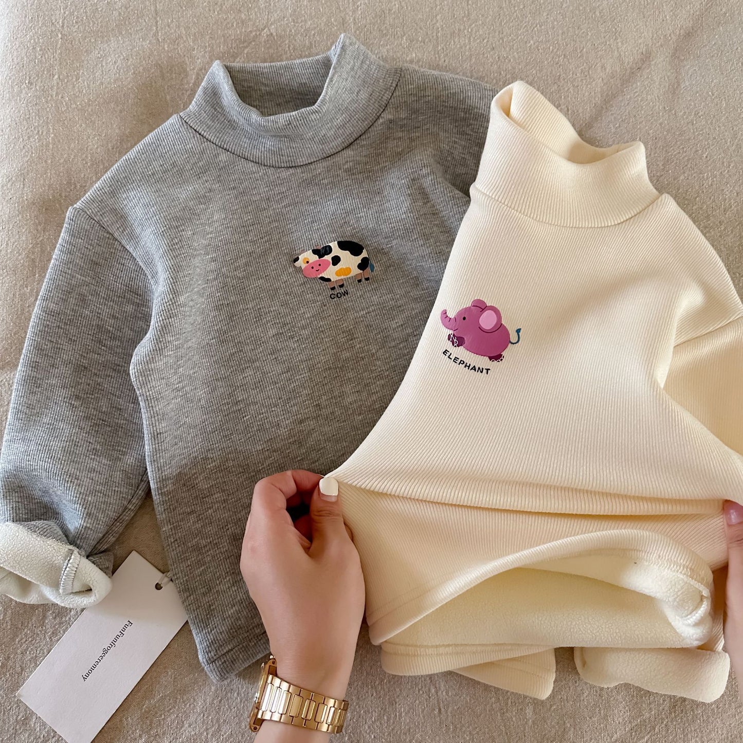 CA25112710兒童加絨打底衫秋冬新款男童長袖T恤卡通小熊半高領寶寶保暖潮