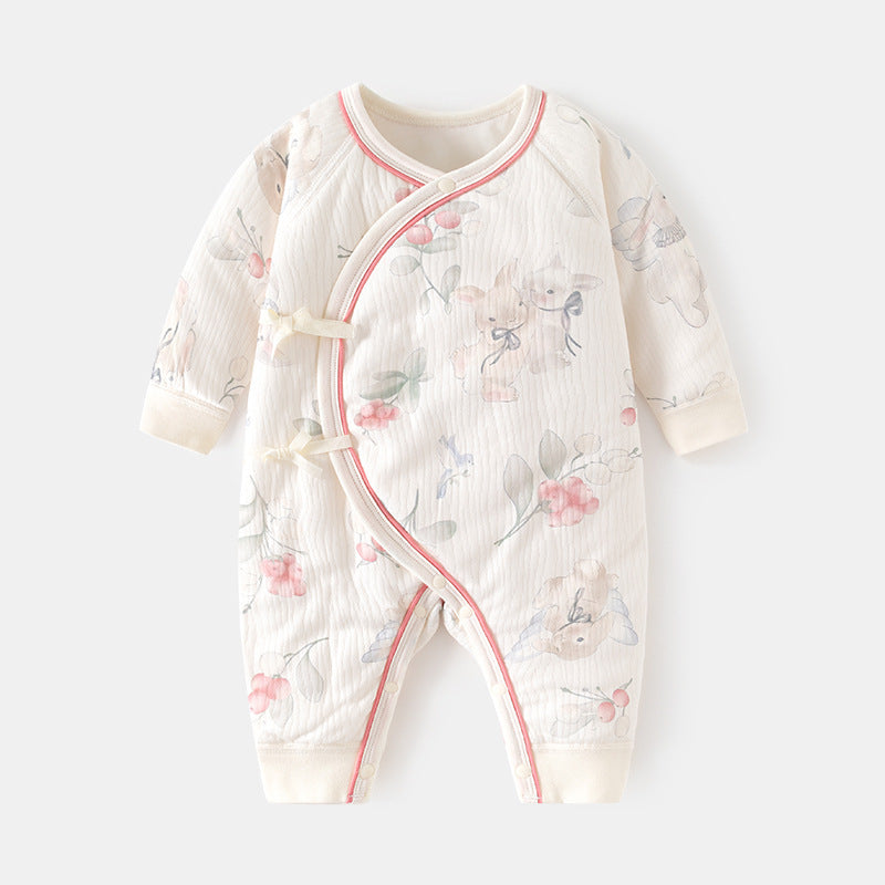 GJ25102110新生夾棉連身衣薄棉無骨哈衣秋季純棉初生40克蝴蝶寶寶爬衣