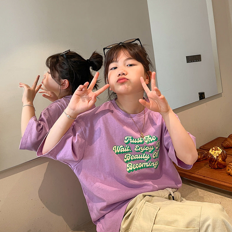 Z25030432女童短袖T恤夏裝新款中大童純棉寬鬆圓領兒童休閒夏季童裝上衣潮