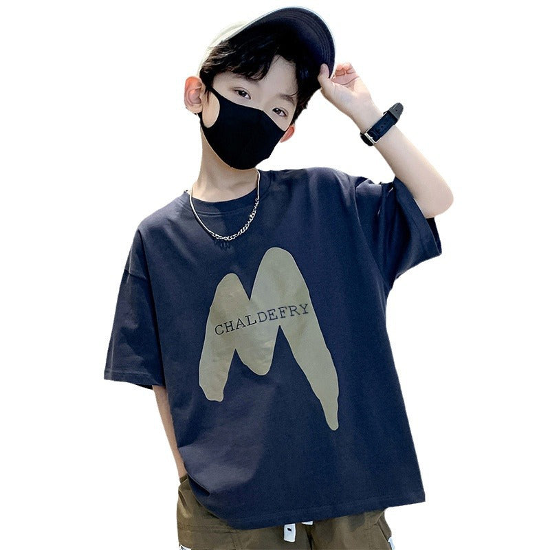 Z25030414男童短袖純棉t恤童趣酷帥新款兒童t卹字母寬鬆圓領上衣夏季童裝