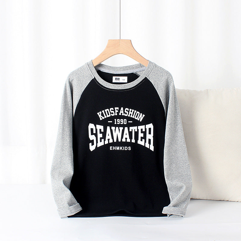 FI25101411春秋韓版新款兒童長袖T恤中大童百搭插肩棉羊絨上衣男童打底衫