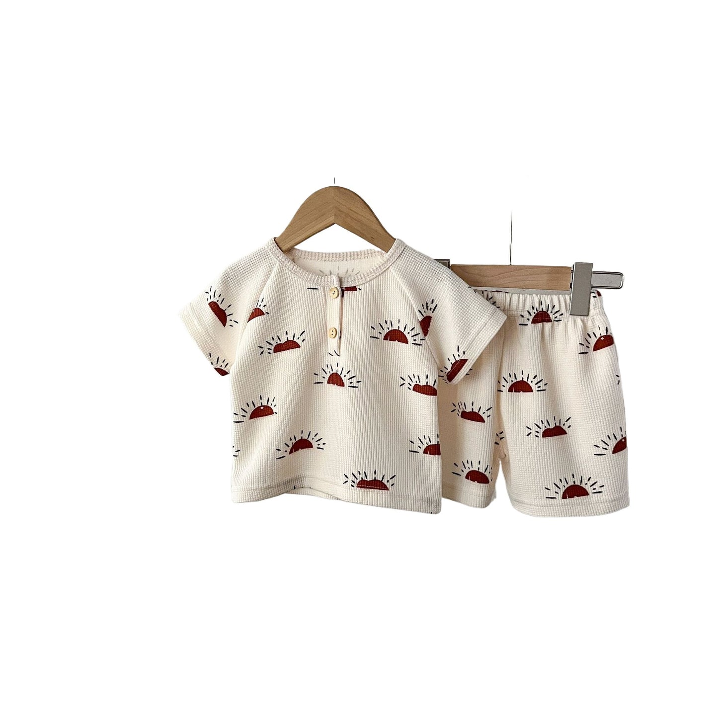 GF25061708丹麥風兒童純棉百搭套裝嬰兒幼童華夫格印花休閒短袖開襟褲兩件套