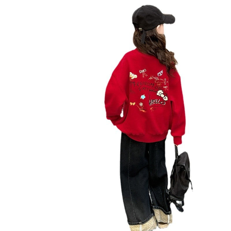 Z25010136女童冬装加绒红色喜庆卫衣2025新款中大童新年服本命年宽松上衣潮