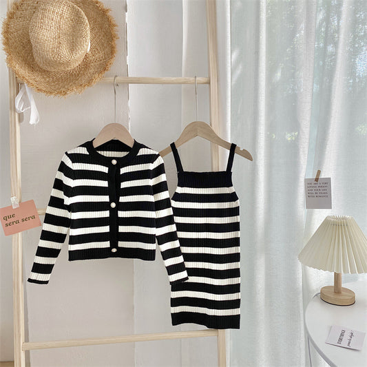 CF25091911女童針織兒童毛衣吊帶裙套裝時尚開襟裙秋季韓版童裝潮