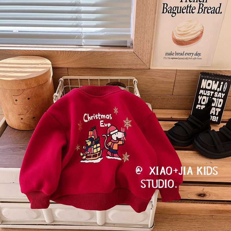 CA25112701聖誕波波~兒童冬季加絨聖誕紅加絨衛衣男童女童圓領加厚喜慶上衣