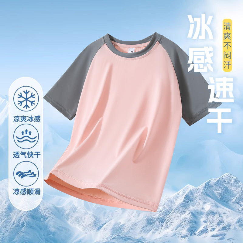 FN26052904男女童撞色插肩袖速乾T卹夏季冰感半袖童裝工廠現貨支持混批