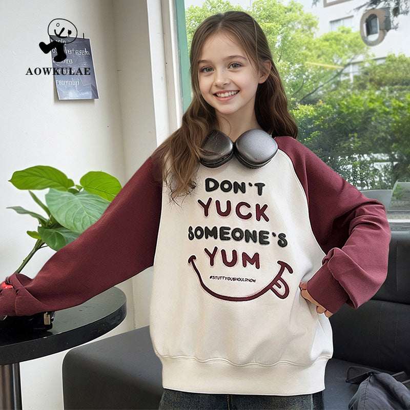 FI25101408女童秋季韓版新款百搭長袖衛衣中大童寬鬆撞色上衣兒童衛衣批發