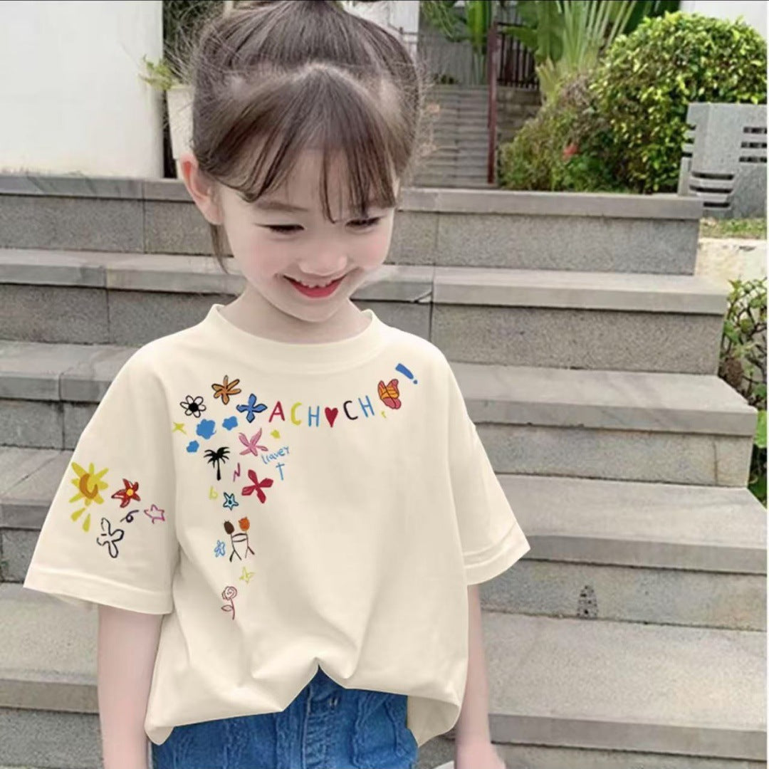 CE26022607女童純棉短袖夏季時尚兒童印花印花寬鬆百搭上衣中大童T卹半袖