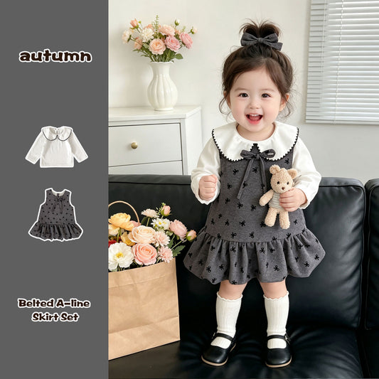 GK26100608秋季女寶寶圓點背心裙女小童洋氣蝴蝶結花苞襯衫打底衫套裝(2套起批-可混搭)