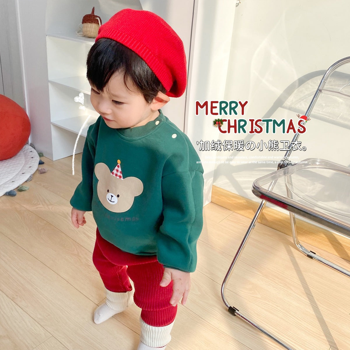 CA25112702一體絨寶寶聖誕新年上衣可愛卡通小熊秋冬季寶寶加絨保暖套頭衛衣