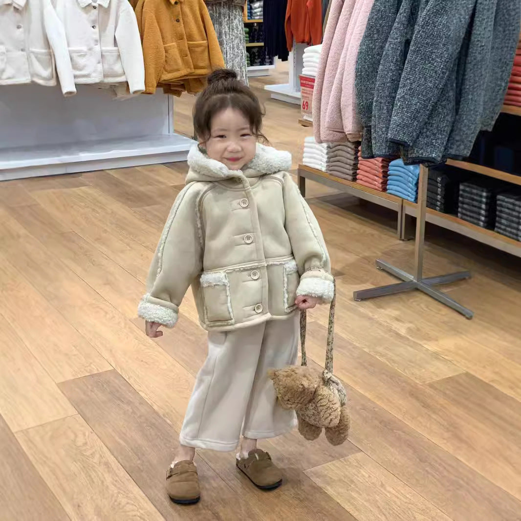 CG25103009女童冬款韓版加厚保暖麂皮絨毛一體連帽大衣羊羔毛內裡裙子