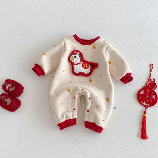 G26010114嬰兒拜年服冬裝長袖保暖男寶寶連身衣過年加絨嬰兒衣幼兒外出服