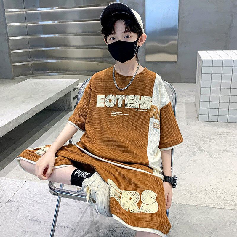 FM26042214男童夏裝短袖套裝2026新款洋氣中大童男孩夏季洋氣華夫格裁剪童裝
