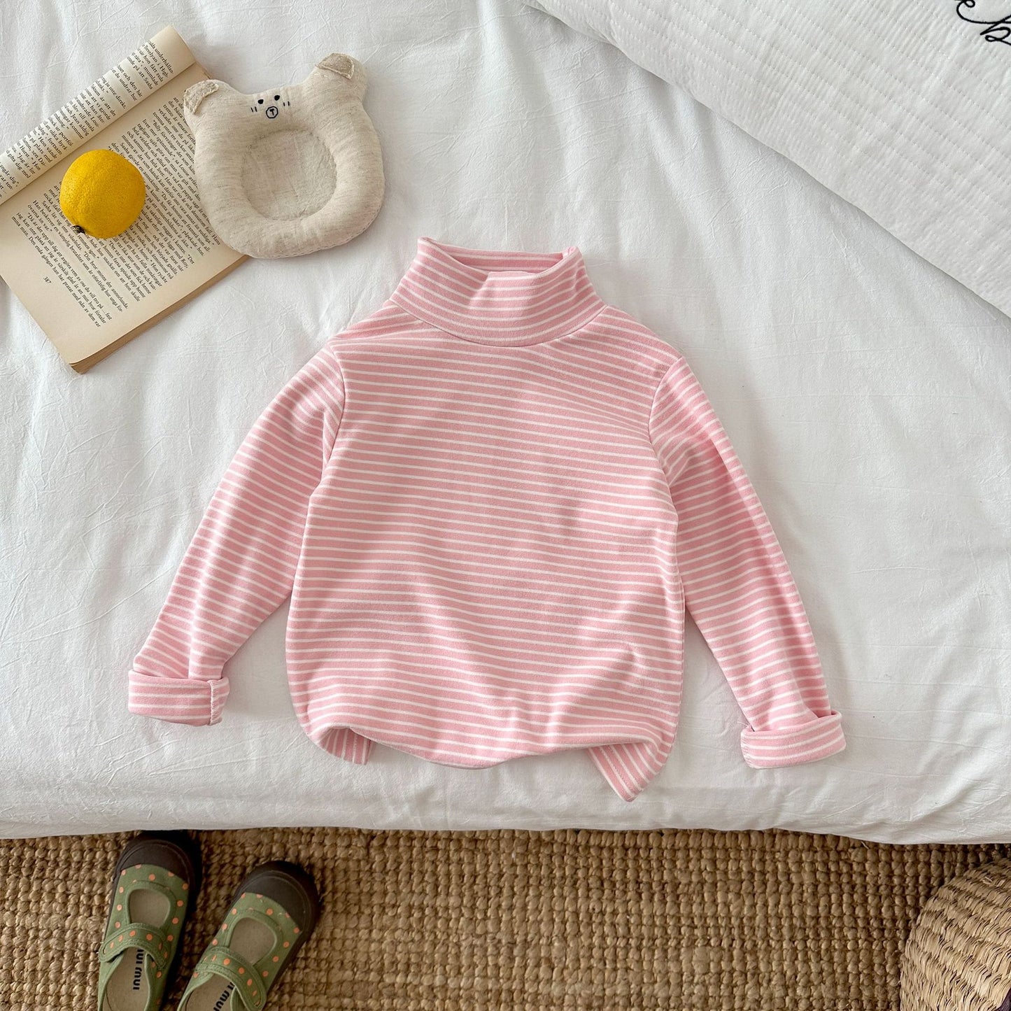 CA25112718秋冬兒童時尚條紋打底衫半高領德絨童裝長袖T卹內女孩搭保暖上衣