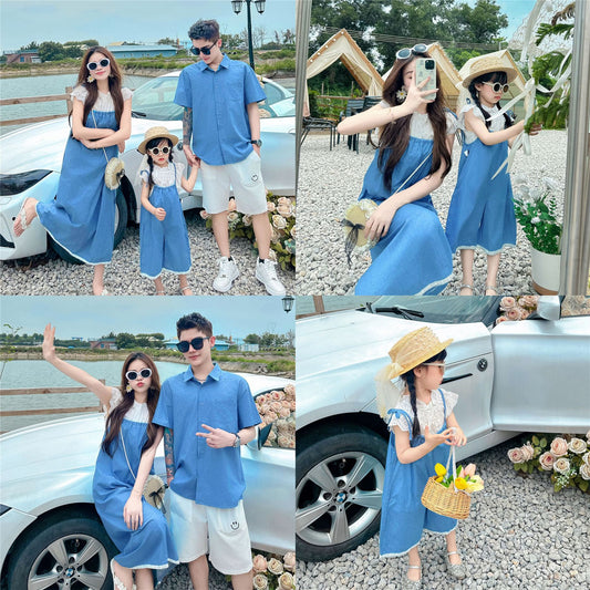 L25041710韓國童裝2025夏季親子裝母女牛仔吊帶褲女童洋氣娃娃領父子polo衫
