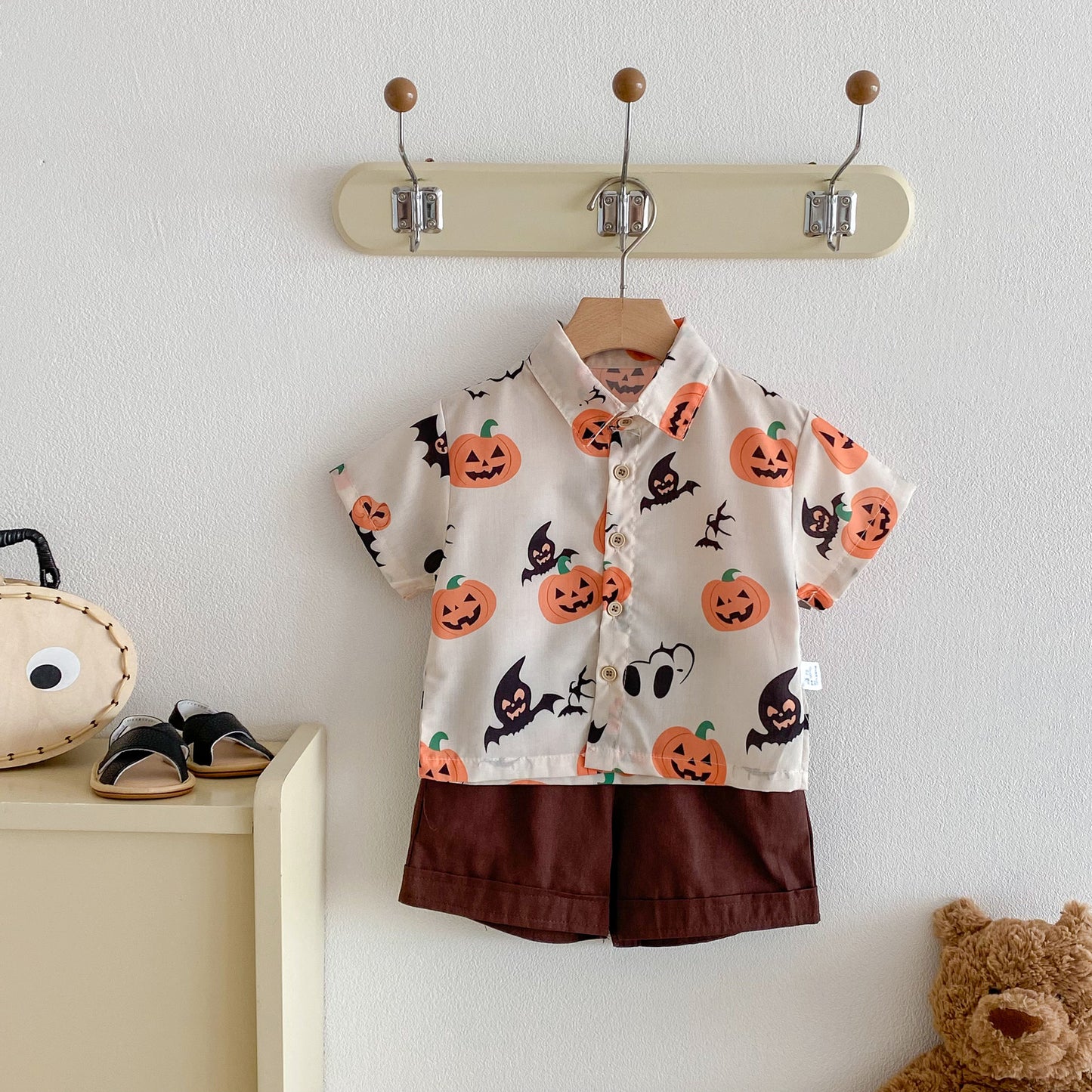 G25091112夏日款嬰兒薄款萬聖節男童帥氣Polo南瓜短袖上衣+短褲兩件套裝