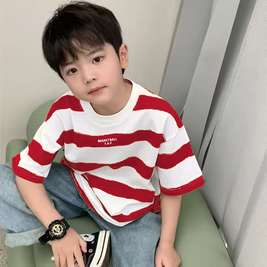 CE26022614兒童T恤男童夏季短袖純棉韓版童裝條紋半袖衫時尚百搭寶寶打底T