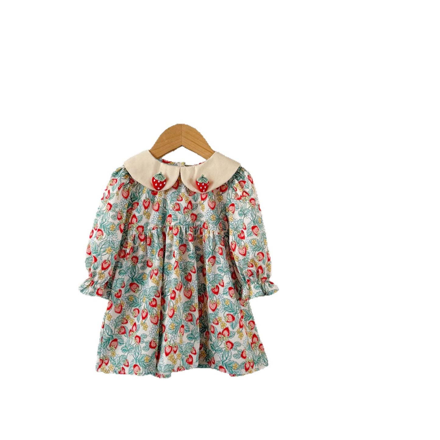 GF25081505  ins韓版女孩寶寶純棉草莓印花翻領洋裝中小童春秋季可愛裙子