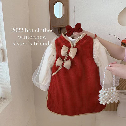 Z23122103女童紅色旗袍連身裙冬裝2022新款洋氣背心裙加絨新年套裝裙兩件套(9-12天到貨)