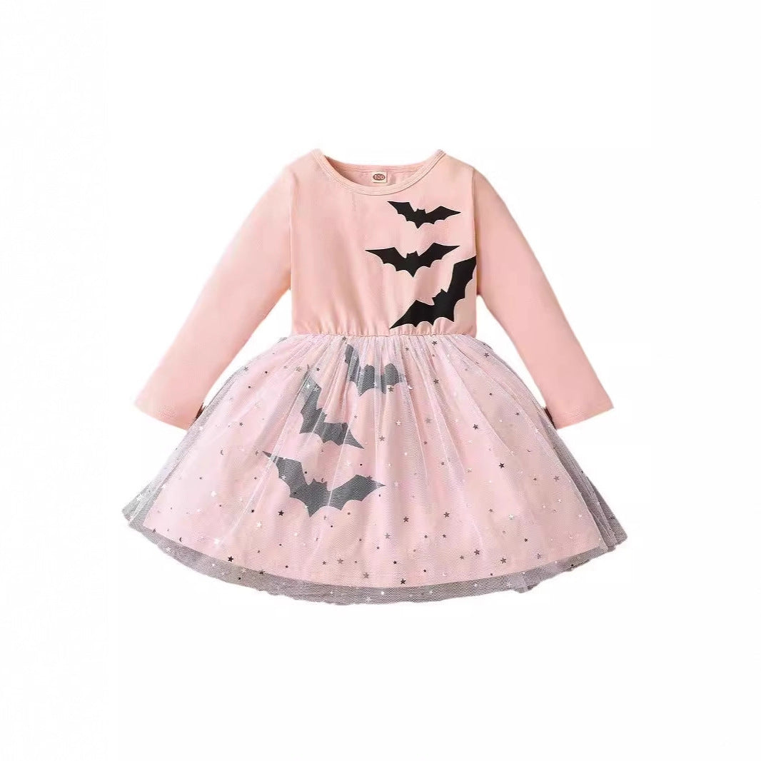 Z25091122外貿邊境萬聖節cosplay中小女童裝秋款長袖蝙蝠衫網紗裙裙擺