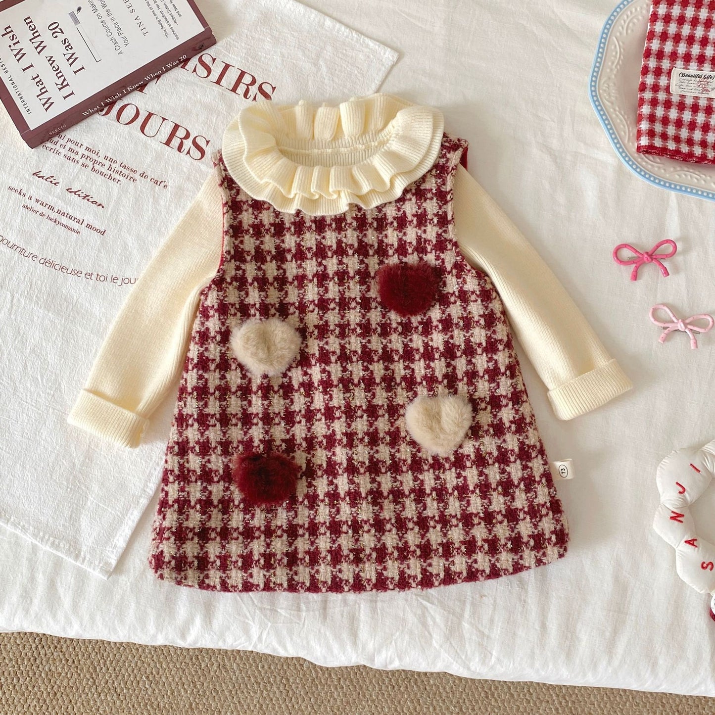 G26010110女童加絨背心裙冬季韓版寶寶加厚格紋愛心兒童裙