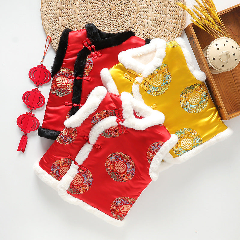Z26010251中式年服兒童馬甲男女童加絨加厚背心喜慶新年裝唐裝