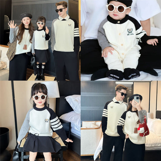 L25120401親子毛衣2025秋冬媽媽女母子學院風幼兒小熊寶寶爬服洋氣針織衫