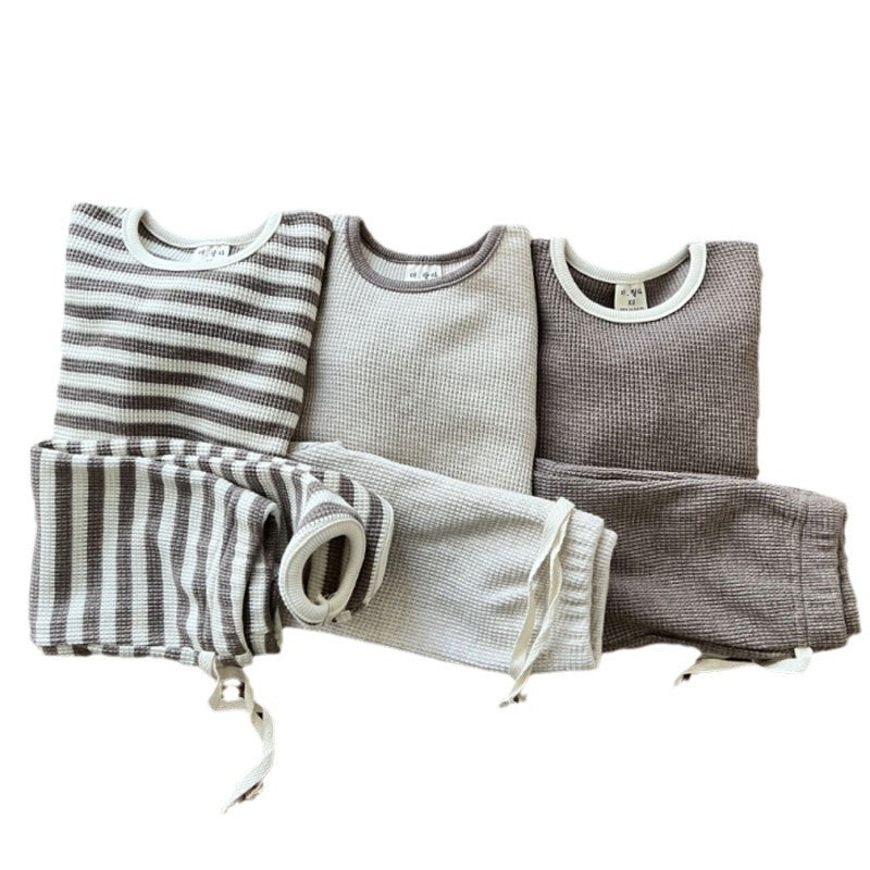 GB25111313韓版ins嬰幼兒休閒套裝兒童寶寶春秋款寬鬆華夫格衛衣長褲兩件套