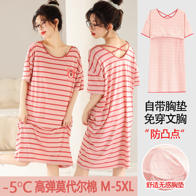 Z25040126自備胸墊一體式睡裙女款夏季短袖睡裙夏天莫代爾可外穿
