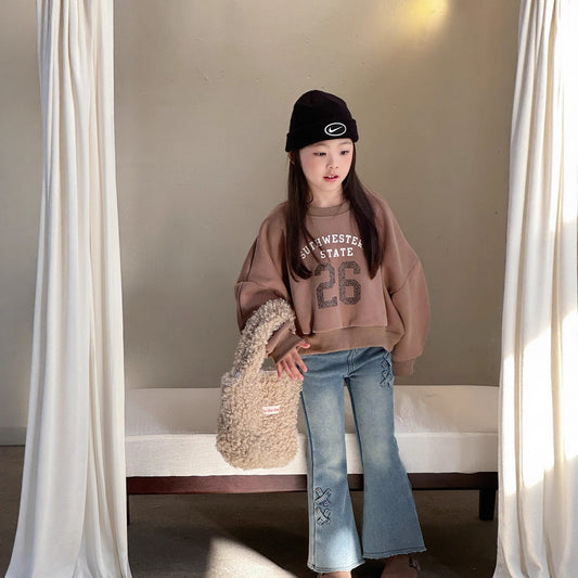 Z26010242瑜珈公主女孩復古美式字母短上衣女寶寶加絨大眾衛衣