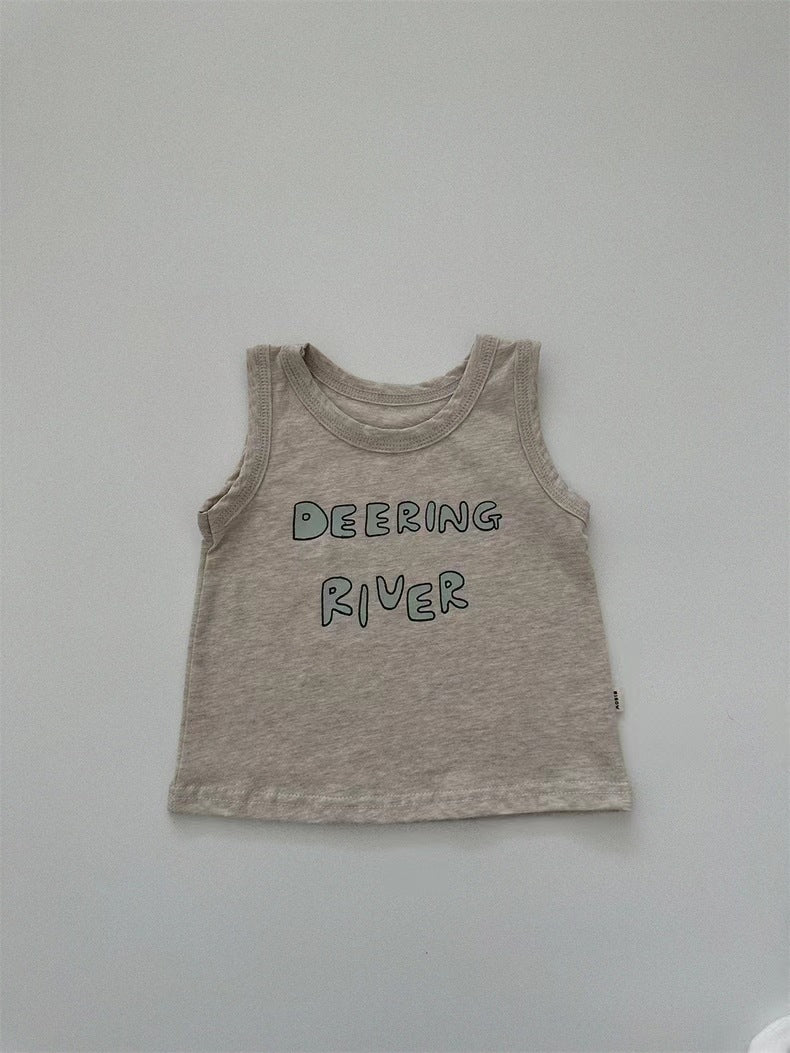 GB23080315韓版ins童裝小童兒童無袖+短褲英文字母清涼套裝簡約百搭休閒風