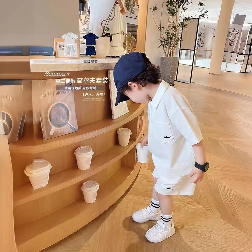 Z25033102兒童POLO領套裝洋氣男童中大童休閒兩件套夏季寬鬆百搭運動套裝
