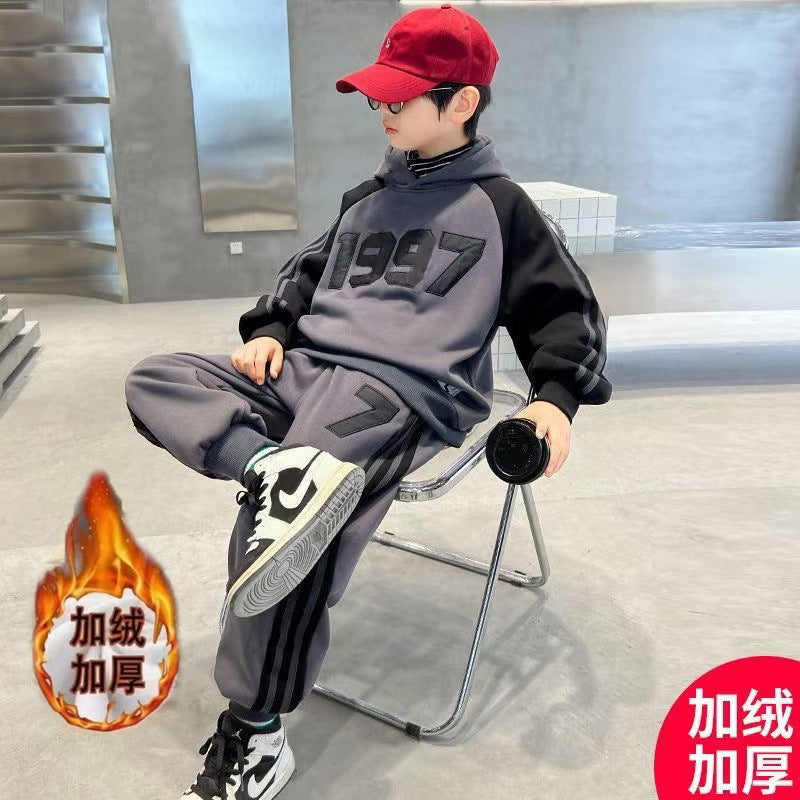 FG25112018秋冬兒童加絨加厚運動套裝中大童時尚潮範連帽衛衣衛褲休閒兩件套
