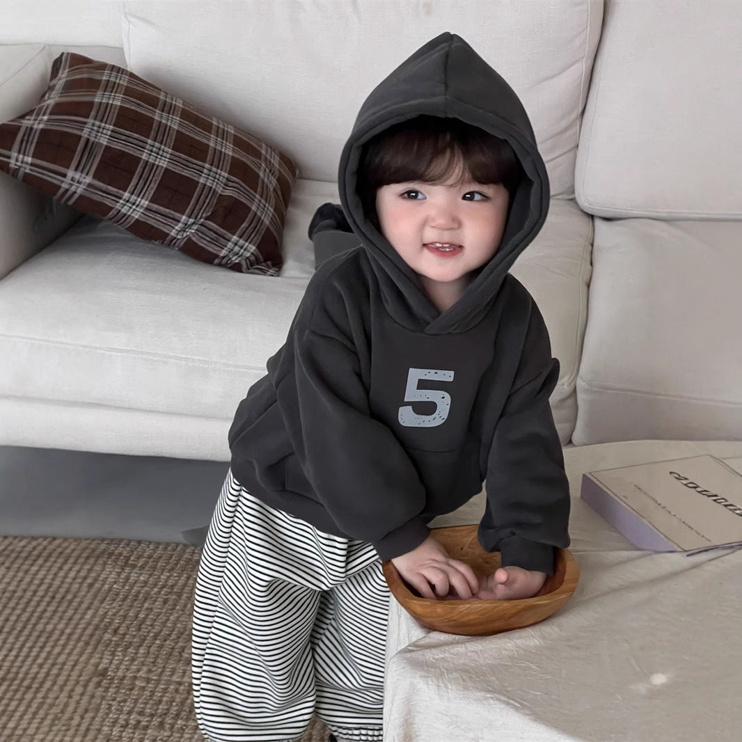 GN26012704寶寶衣服秋冬加厚連帽衛衣套裝韓版童裝男童條紋衛褲加絨兩件套