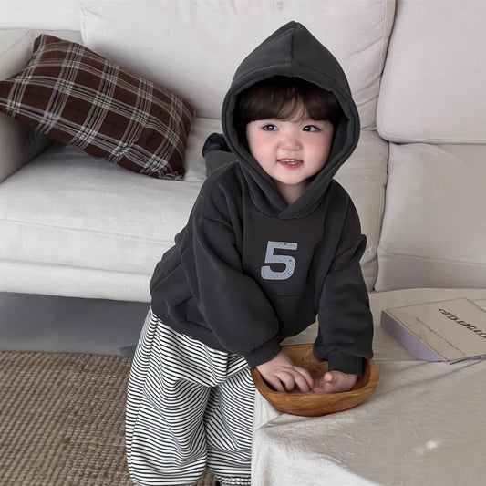 GN26012704寶寶衣服秋冬加厚連帽衛衣套裝韓版童裝男童條紋衛褲加絨兩件套