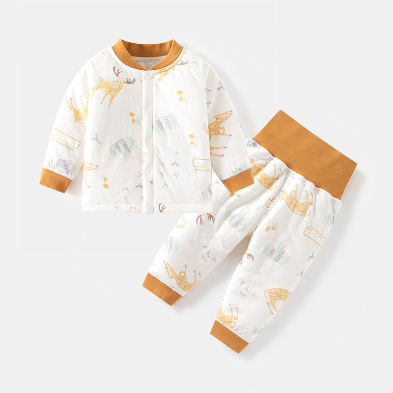 GJ25102101嬰兒夾棉內衣套裝兒童秋冬打底對開秋衣褲男女寶寶薄棉高腰護肚秋