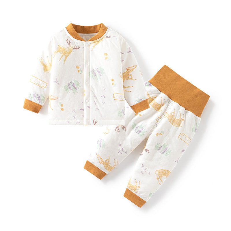 GJ25102101嬰兒夾棉內衣套裝兒童秋冬打底對開秋衣褲男女寶寶薄棉高腰護肚秋