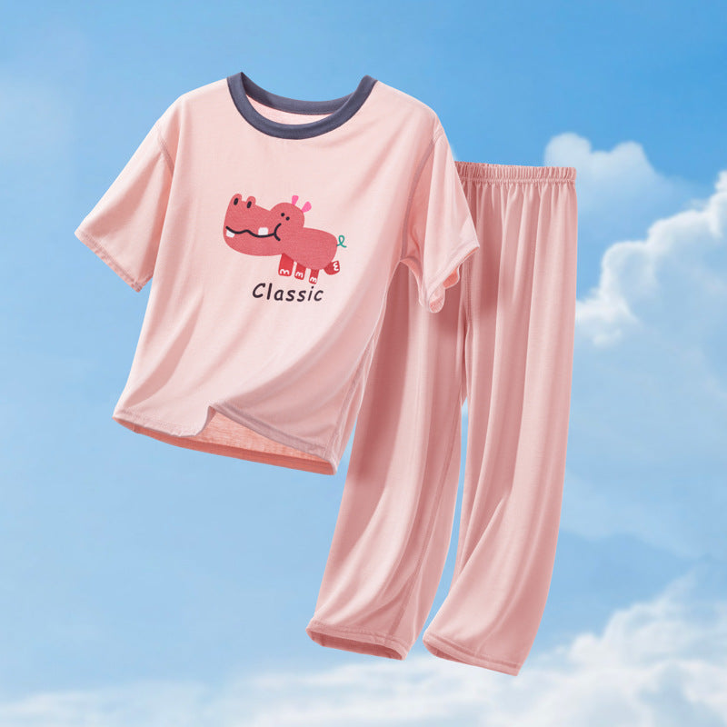 CK26050519男童睡衣2026新款夏季薄款女童短袖長褲兒童女孩家居服大童空調服(9-12天到貨)