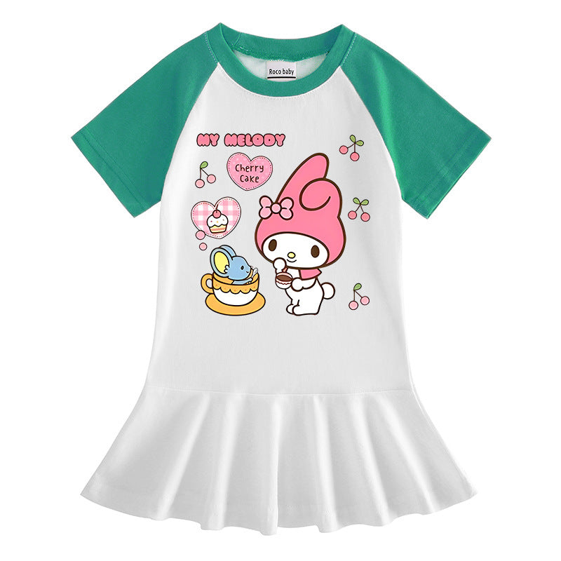 CI26041512夏季韓版時尚童裝卡通半袖女孩女孩撞色女寶寶洋氣百褶裙