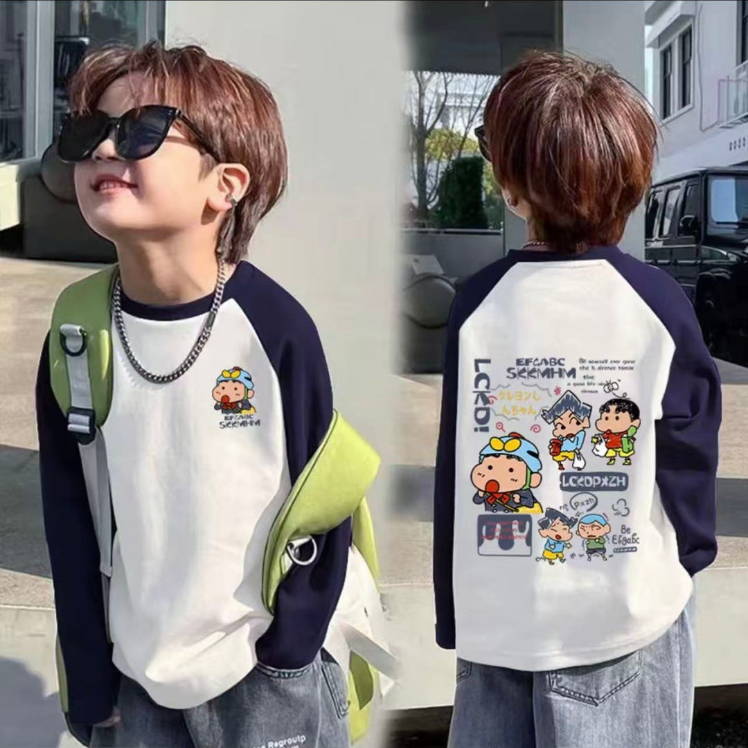 CE26090506 100%純棉男童插肩袖長袖T2026春秋時尚中大童剪裁撞色圓領打底衫